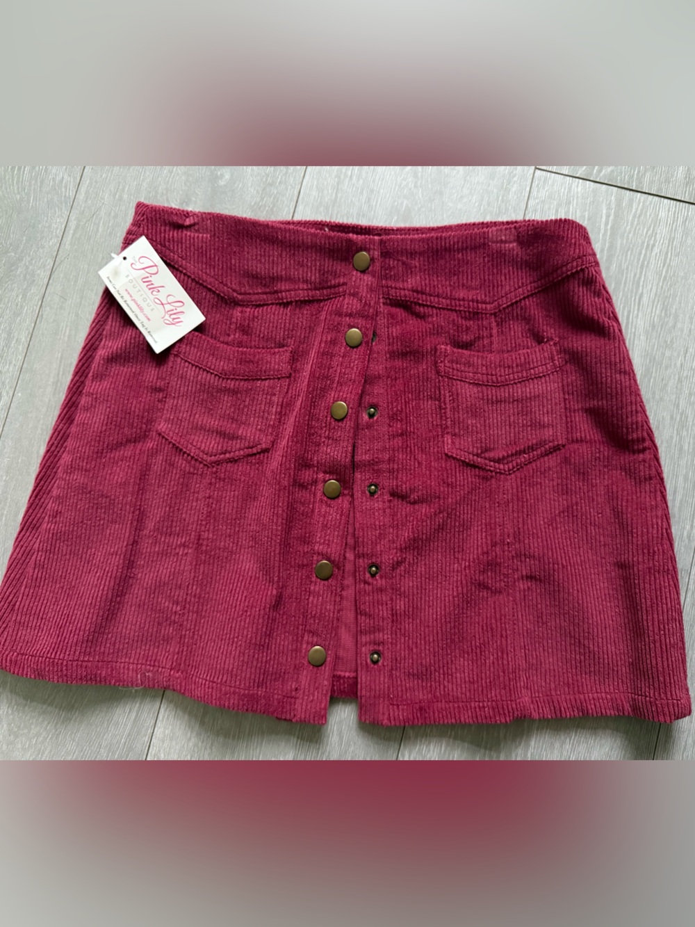 Pink Lily Burgundy Corduroy Button Mini Skirt